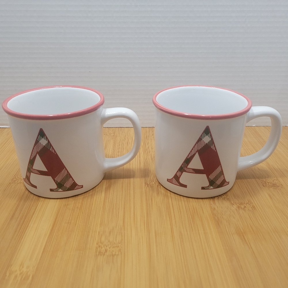 Monogram Initial  A  Mug  Cup Tartan Plaid Black Red, Set of 2  NEW